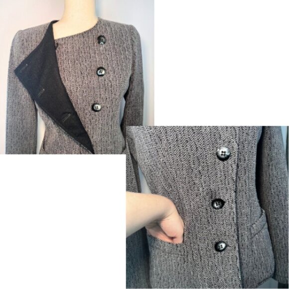 ARMANI COLLEZIONI Wool Herringbone Blazer Jacket Asymmetrical Buttons Size 4 - Picture 8 of 16